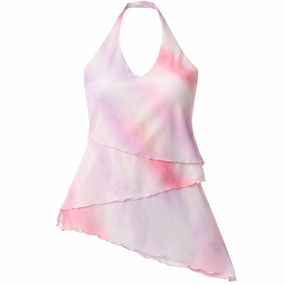 Rave Halter Top Womens M Pink Purple Tie Dye Tiered Asymmetrical Y2K Fairy